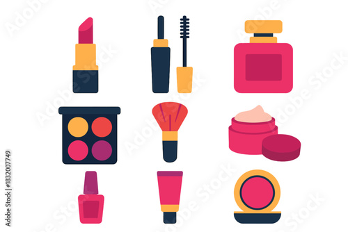 Colorful collection of cosmetic products arranged in a neat layout showcasing beauty essentials