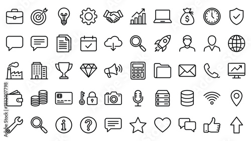 Set of 50 modern outline icons for business, finance, technology, and communication, perfect for web and app design projects