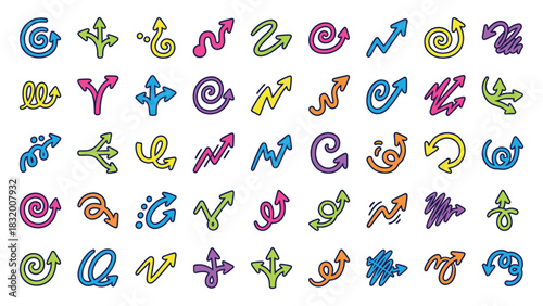 A vibrant and colorful collection of hand-drawn doodle arrows. This set includes various sketchy direction pointers, swirls, and icons