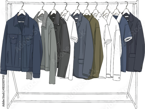 Stylish apparel collection hanging on a minimalist rack against a white backdrop