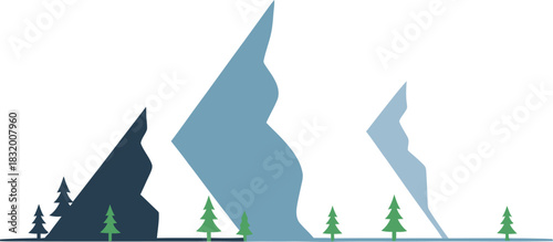 Minimalist mountain landscape with snowcapped peaks and evergreen trees below