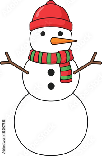 Cheerful snowman wearing a red hat and scarf standing on a white background
