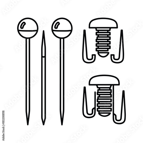 Crafting and Sewing Tools: Pins, Needles, and Fabric Fasteners Outline Icons