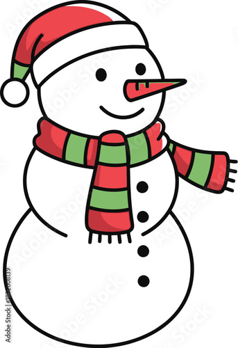 Cheerful snowman wearing a red hat and striped scarf on a white background
