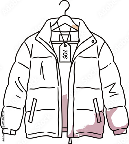 Puffer jacket on a hanger with a price tag isolated on a white background