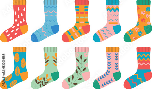 Colorful cute patterned socks collection with playful decorative designs featuring leaves, flowers, stripes and fun abstract elements
