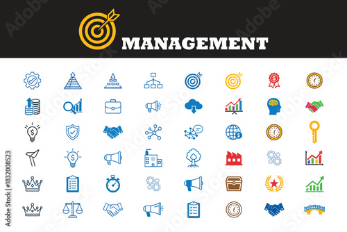 Business icons with target and management text on dark background goal