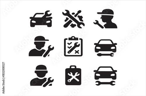 Automotive repair icons depicting tools mechanics and vehicle maintenance services