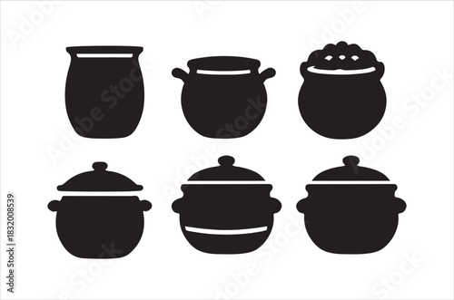 A collection of black silhouette icons representing various cooking pots and jars