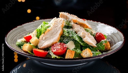tasty chicken caesar salad featuring parmesan cheese tomatoes croutons and creamy dressing