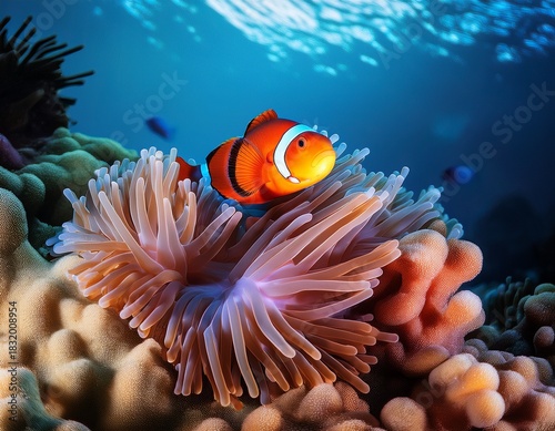 unique and colorful clownfish perched on vibrant coral