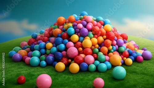 vibrant multicolored spheres cascade and accumulate forming a colorful delightful heap on a verdant surface