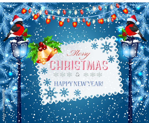 Merry Christmas and Happy Holidays greeting card, frame, banner. New Year. Noel. Red and white Christmas decorations and gifts on blue background top view. Winter xmas holiday celebration 9.eps