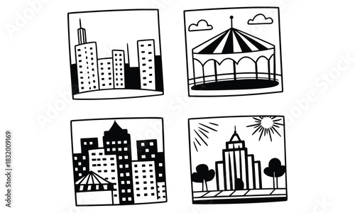 Hand-Drawn Cityscapes and Amusement Park Scenes