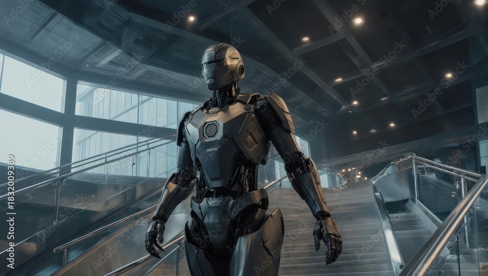 Fototapeta premium Futuristic Robot Standing on Stairs in Modern Building.