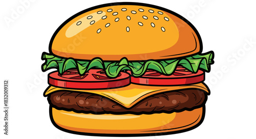 Juicy cartoon burger with fresh tomatoes, crisp lettuce, and melting cheese, perfect for fast food menus and fun dining promotions