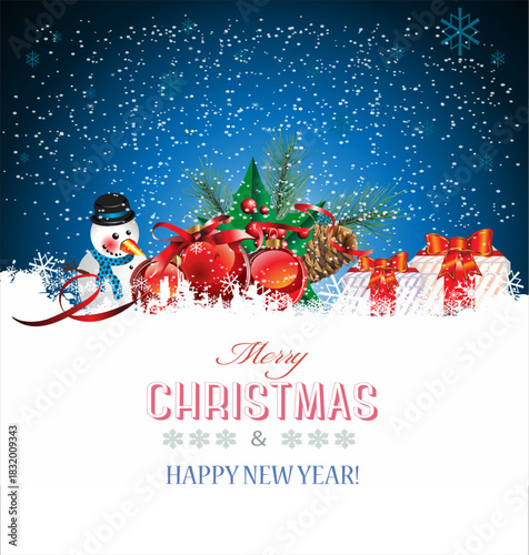 Merry Christmas and Happy Holidays greeting card, frame, banner. New Year. Noel. Red and white Christmas decorations and gifts on blue background top view. Winter xmas holiday celebration 2.eps