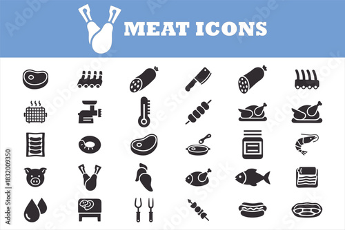 Collection of dark grey meat and food icons on white background with blue header meat icons steak