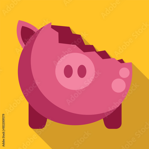 Piggy bank icon depicting financial crisis and broken savings on yellow background