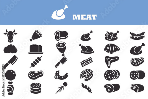 Collection of black meat and food icons on white background with blue header vector