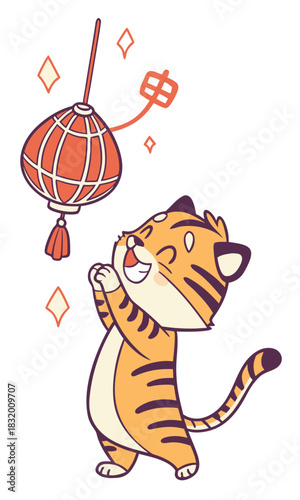 A cute cartoon tiger joyfully looking up at a traditional red Chinese lantern with sparkling elements, celebrating a festive occasion.