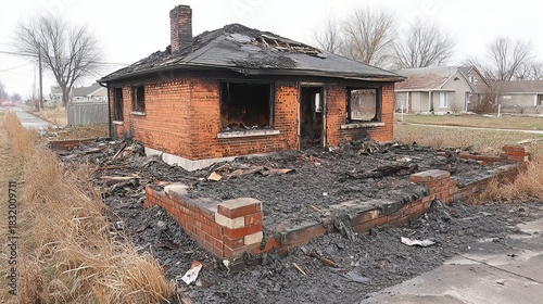 Devastating aftermath of a house fire showing total destruction and charred remains in a residential neighborhood on an overcast day
