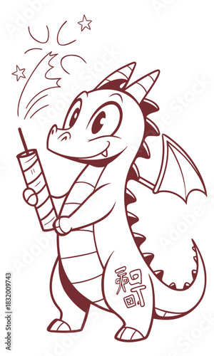 Cute cartoon dragon celebrating with a sparking firecracker, line art illustration featuring Chinese characters.