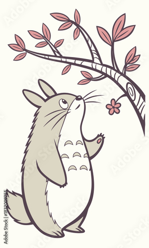 Cute cartoon character resembling a large grey rabbit-like creature looking up at a tree branch with pink leaves and a single flower.