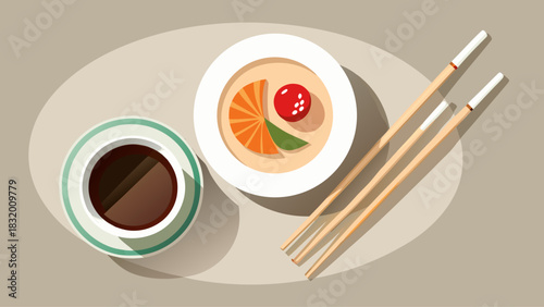 Minimal white plate paired with chopsticks and a soy sauce cup, photographed from above on a bright neutral background. Simple Asian table setting ideal for culinary or packaging design