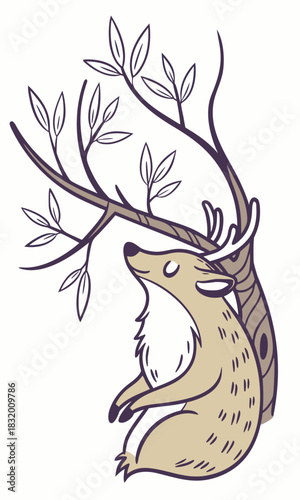 A peaceful stylized deer with tree branch antlers resting against a tree trunk, eyes closed in a serene moment.