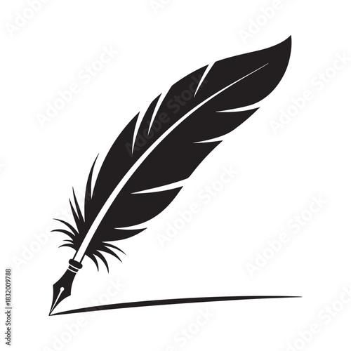 Elegant black feather pen drawing with shadow