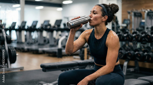 Sweaty Woman Rehydrating With Metal Water Bottle After Gym Workout