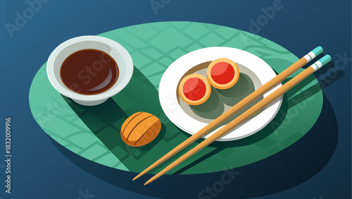 White ceramic plate with wooden chopsticks and a small bowl of soy sauce, arranged neatly on a clean minimalist surface. Top-view Asian dining setup for food styling or restaurant branding