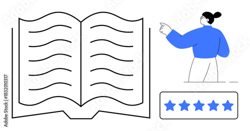 Open book with visible pages, a person gesturing confidently, and a five-star rating below. Ideal for education, learning, literature, reviews, quality expertise and success. Clean and simple flat