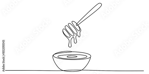 Continuous line drawing of a honey dipper dripping into a bowl, showcasing natural sweetness. minimalist vector for healthy food and breakfast concepts. Vector, illustration