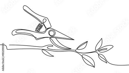 Continuous line drawing of pruning shears cutting a branch with leaves