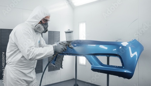 A person in protective gear sprays paint on a car bumper in a workshop.