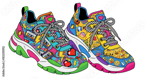 Trendy sneakers in vibrant colors with fun emoji and cassette tape designs will add a playful pop to any wardrobe - Get your unique style today!
