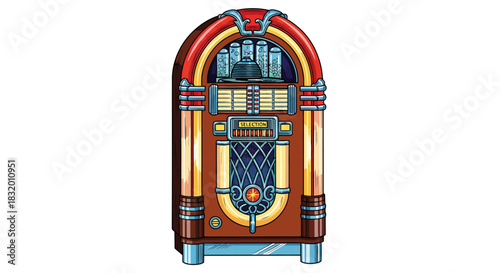 Retro jukebox illustration for vintage music lovers, perfect for a 50s themed party or adding a touch of nostalgia to your designs, vibrant and cool
