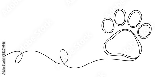 Single continuous line drawing of a stylized paw print, depicting a dog or cat footprint, symbolizing pet love, loyalty, and companionship Vector, illustration