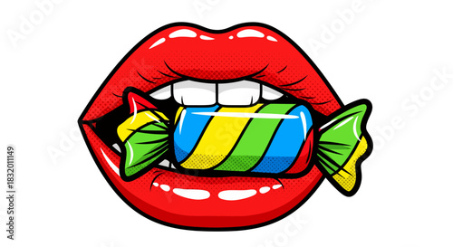 Bold red lips biting into a vibrant candy, pop art style sweetness with a playful edge, ideal for candy ads or retro-themed designs, sweet temptation