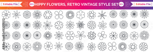 Hippy groovy daisy flowers set. Retro vintage style, hand drawn decorative elements. 60s, 70s, icon flower, pastel colors, kids cute decor. Flat cartoon illustration.