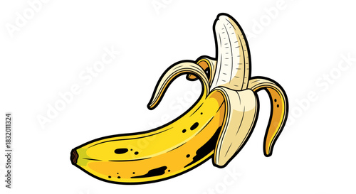 Delicious peeled banana illustration ready for a healthy snack, vibrant yellow and cream colors, perfect for food blogs and nutrition campaigns