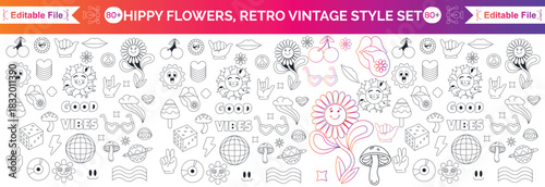 Hippy groovy daisy flowers set. Retro vintage style, hand drawn decorative elements. 60s, 70s, icon flower, pastel colors, kids cute decor. Flat cartoon illustration.