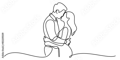 Continuous line drawing of a loving couple embracing and about to kiss, symbolizing romance, intimacy, connection, and affection. Vector, illustration