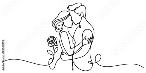 Continuous line drawing of a romantic couple embracing tenderly with a single rose, symbolizing love, connection, and affection. Vector, illustration