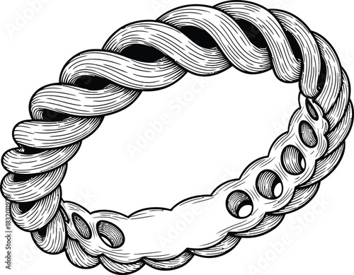 Detailed Christmas Black and White Illustration of a Twisted Band Ring with Circular Cutouts rope braid