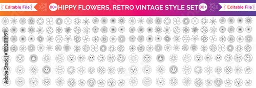 Groovy hippy daisy flowers set. hand drawn decorative elements. Retro vintage style, flower icon, flat colors, Flat cartoon, Vector illustration.