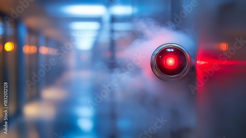 Futuristic red eye of a sentient computer with smoke effect in a blue corridor evokes science fiction and artificial intelligence themes