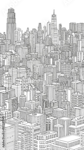 Aerial View of Dense Cityscape with Buildings and Skyscrapers in Urban Sprawl with Architectural Diversity and City Planning Concept in Monochrome